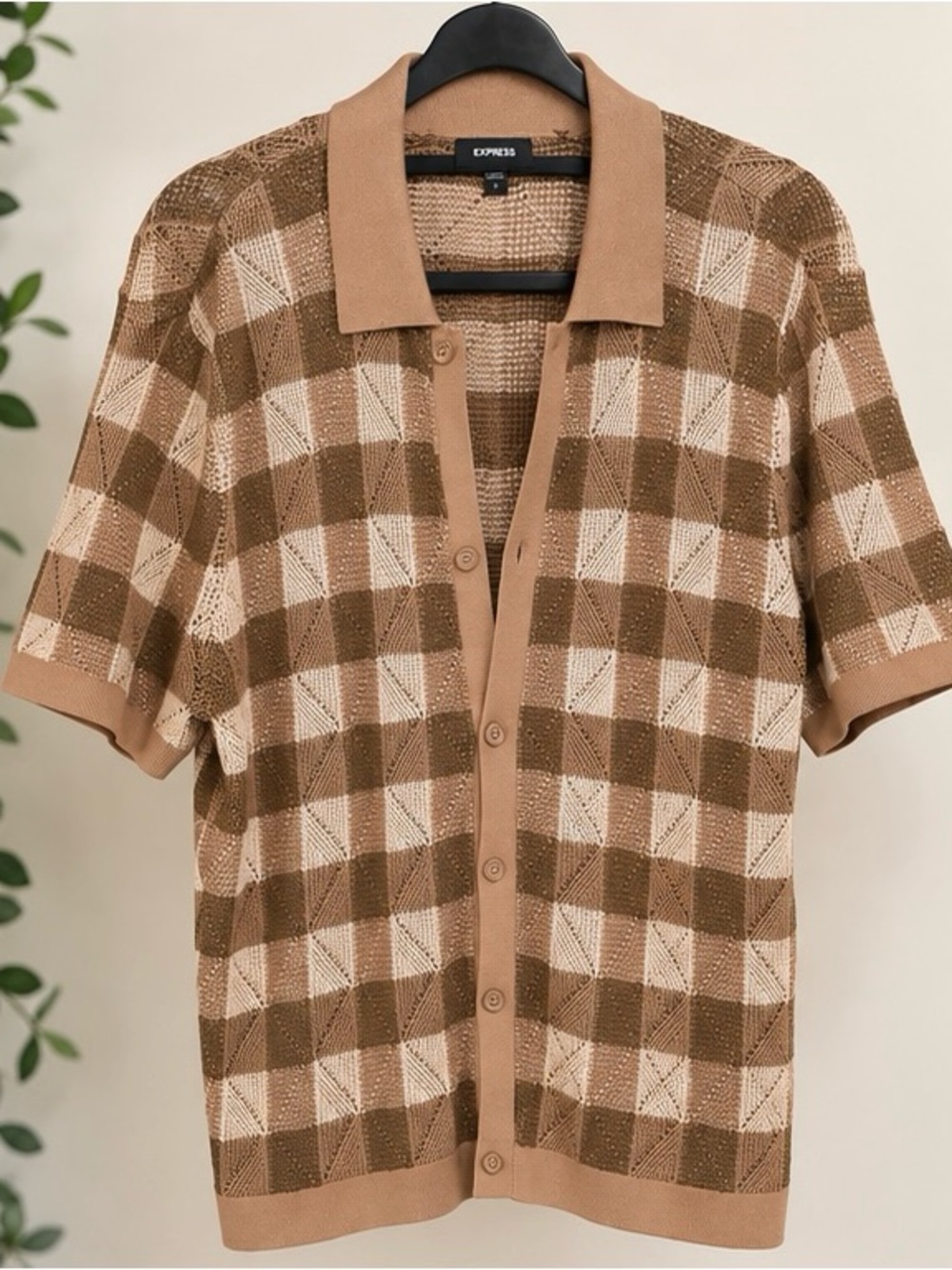 Express Brown & Cream Check Knit Button-Down Polo